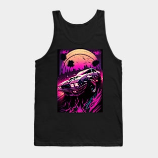 80s Car In Pursuit In Front Of A City And Synthwave Sun Tank Top